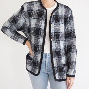 Vintage Crystal Kobe Plaid Cardigan 90s Preppy Old Money Grandmacore Black L